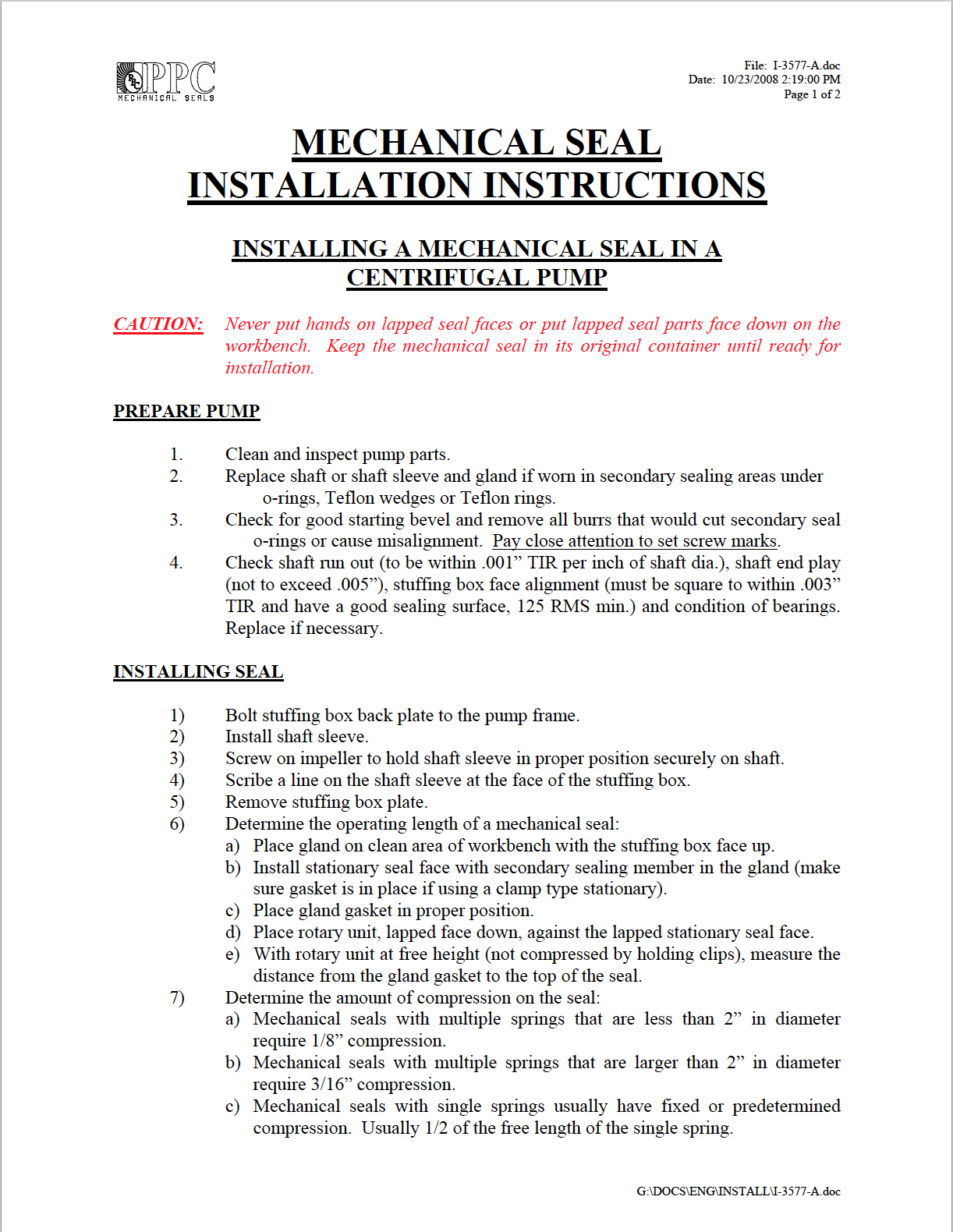 Mechanical Seal Installation Instructions PPC Mechanical Seals