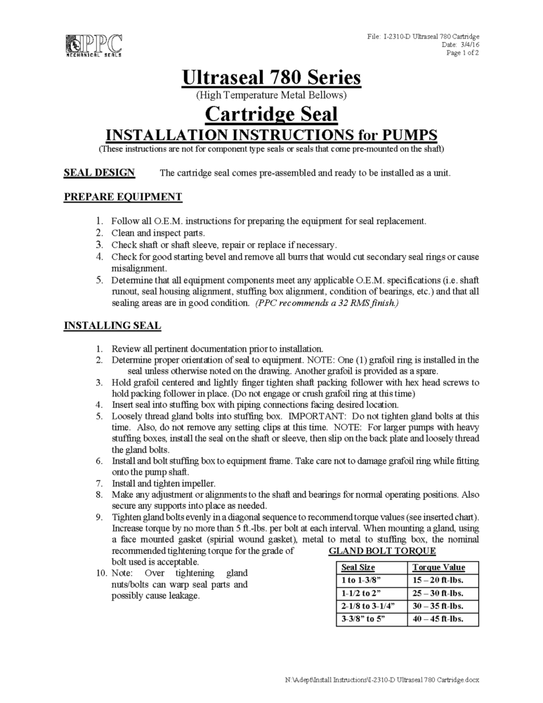 Ultraseal Cartridge Installation Guide Ppc Mechanical Seals