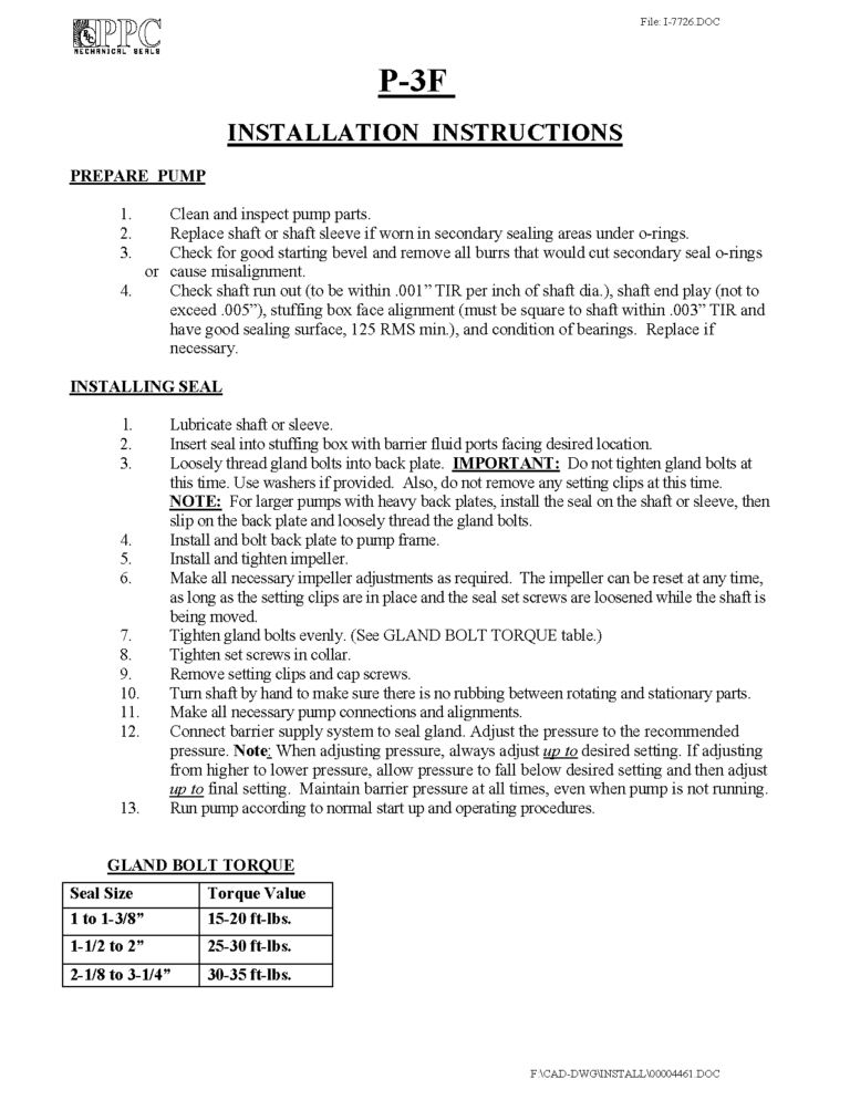 P 3F Installation Guide PPC Mechanical Seals