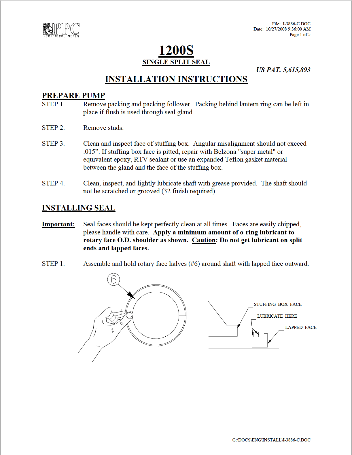 1200S Installation Guide PPC Mechanical Seals